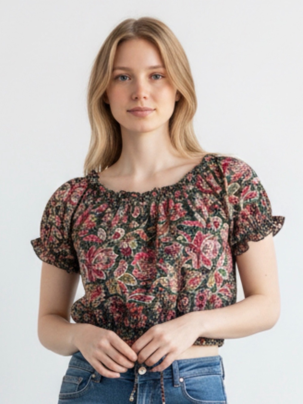 Jennifer & Grace Paisley Embroidered Puff Sleeve Top